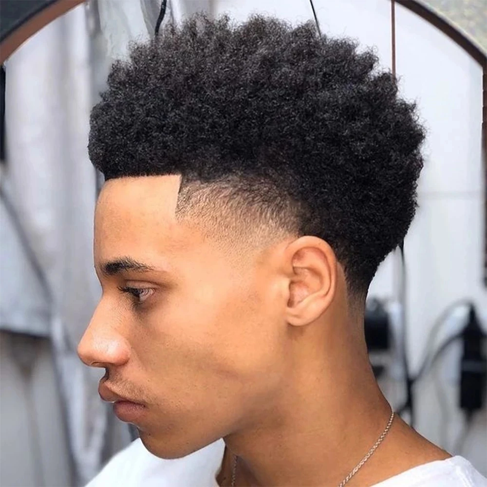 Tupé Afro rizado para hombre, postizo de PU inyectado, pelo humano brasileño 100%, sistemas de repuesto, onda Afro