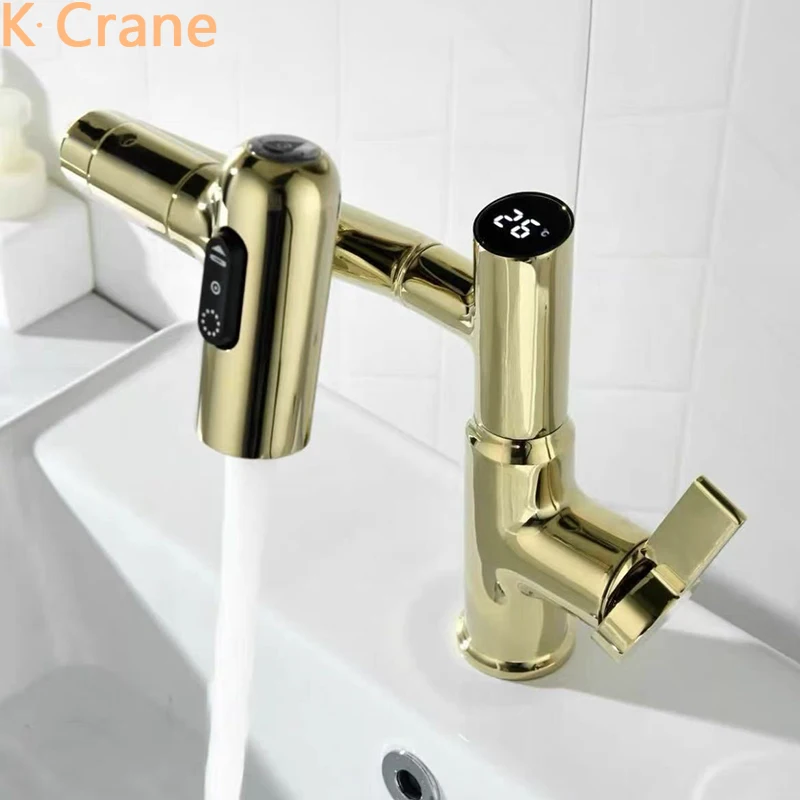 Basin Sink LED Digital Faucet Bathroom Deck Mount Hot Cold Mixer Gold Brass Copper Crane Modern Luxury 360 Degree Rotation Taps