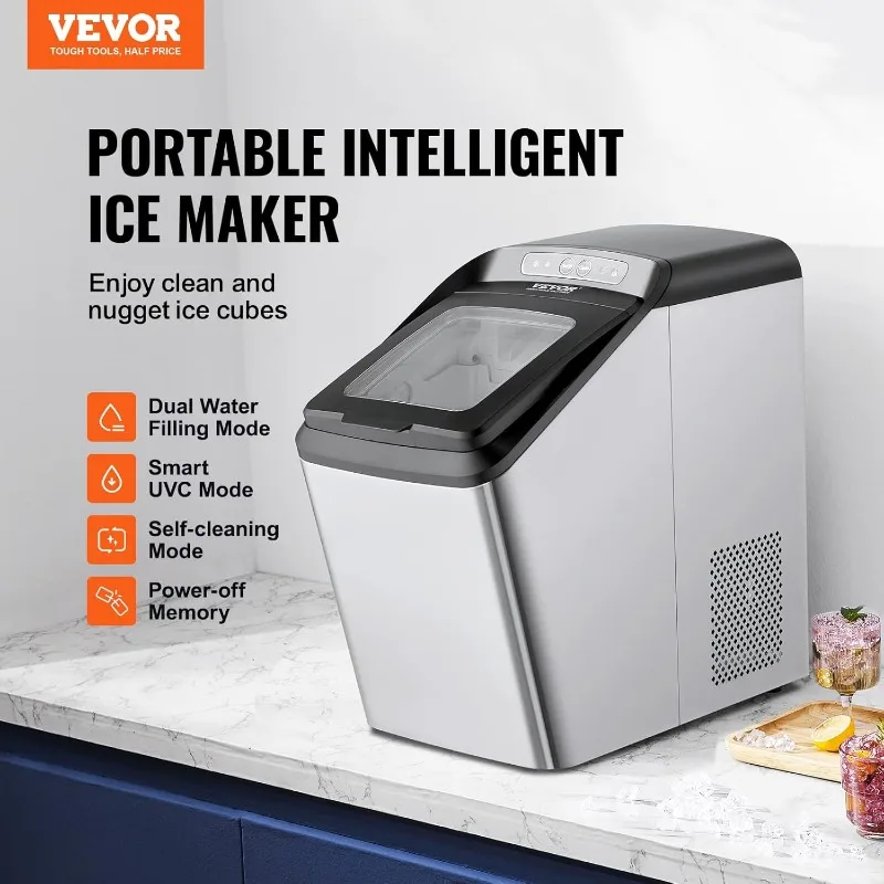 VEVOR Nugget Ice Maker,30lbs/24H Pebble Maker with Self Cleaning,Chewable Maker with Scoop&Basket,Dual Water Refill