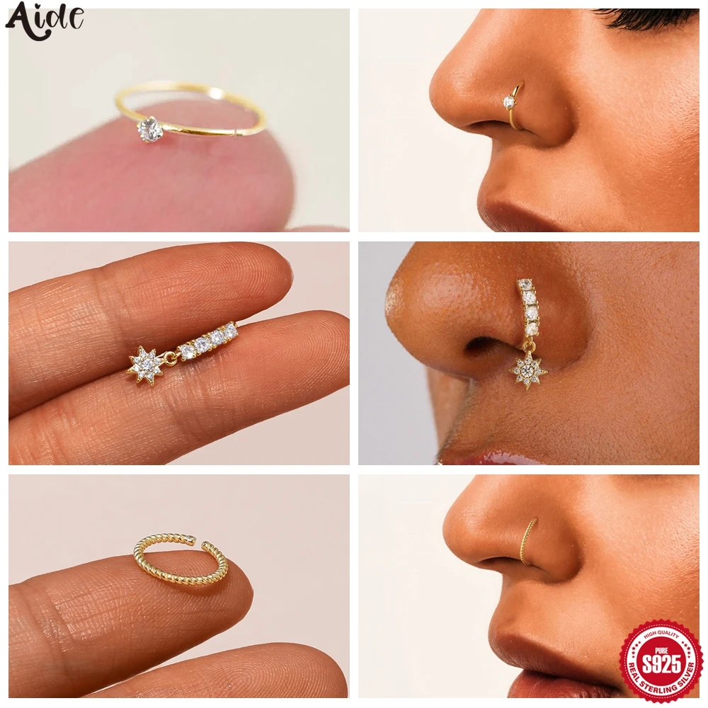 Aide Sterling Silver 925 Pierceing Zircon Nose Ring Simple Round Size Printing Twist Rope Nose Ring Women Jewelry Nose Rings 1pc