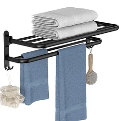 Towel Rack 40-60CM Bathroom Accessories Black Aluminum Wall Mounted Towel Shelf Organizer Folding Holder With Hook Shower Hanger