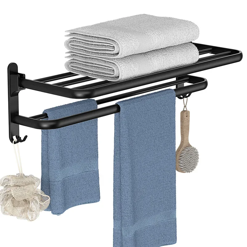 Towel Rack 40-60CM Bathroom Accessories Black Aluminum Wall Mounted Towel Shelf Organizer Folding Holder With Hook Shower Hanger