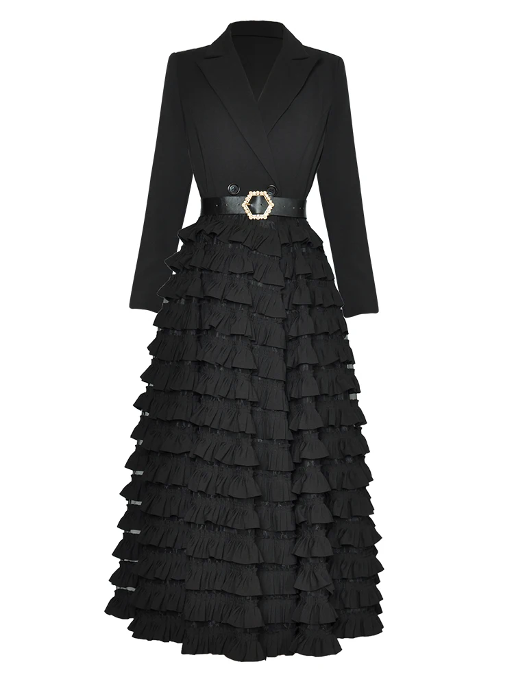 2026 spring lace up pleated cake big hem suit design sense women's waistband collar splicing office women's dress