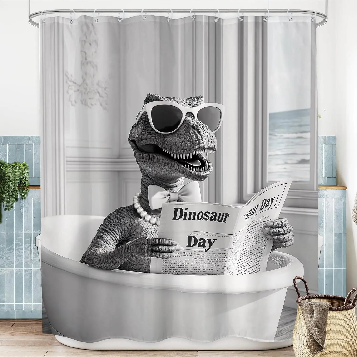 Funny Dinosaur Shower Curtain Bathroom Set 60Wx71H Inches Black White Dino Fun Animal Read Newspaper Hilarious Cool Cute Modern
