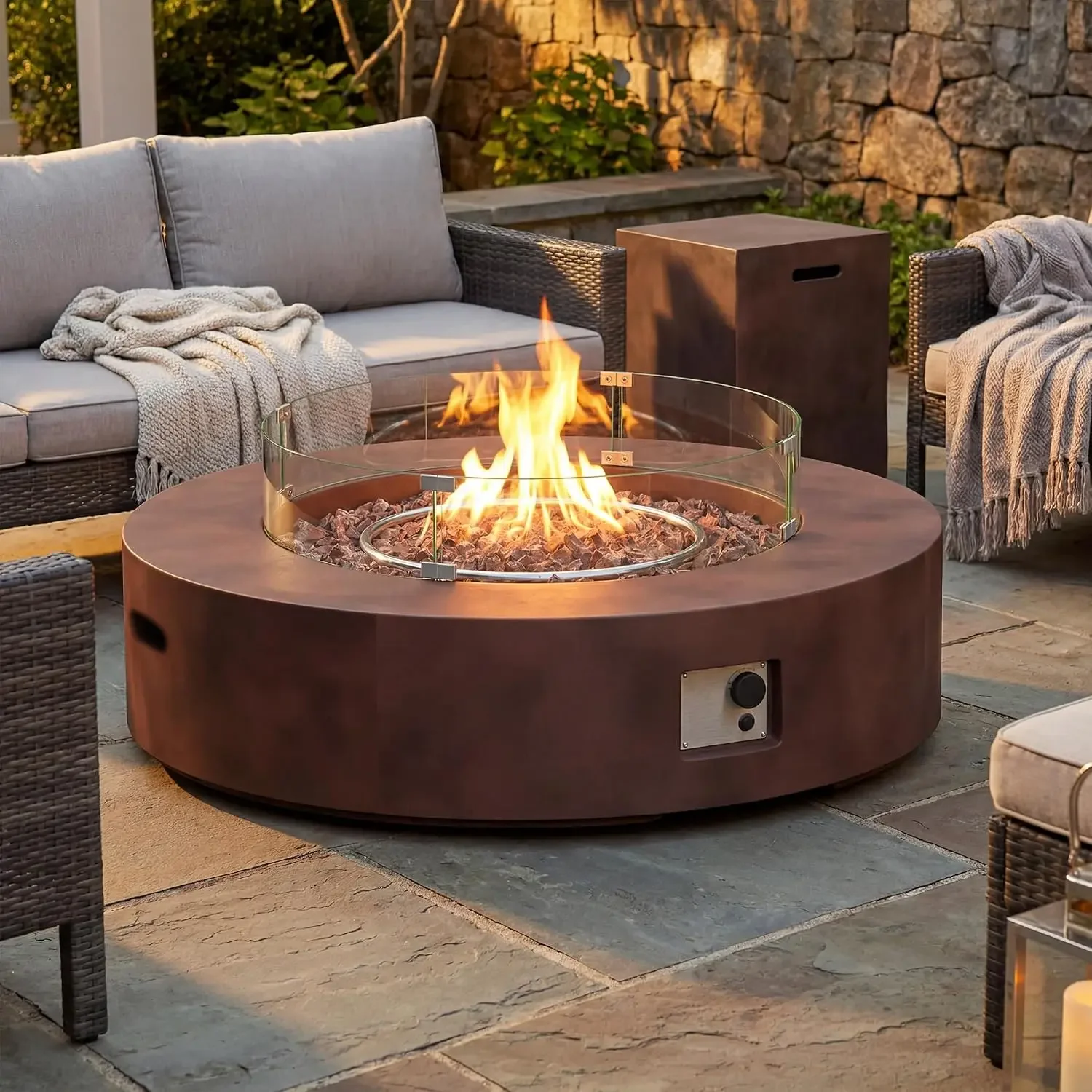 2-Piece Outdoor Firepit Table Set w Tank Table, 42 inch Dark Fire Table Certified, 50,000 BTU w Bronze Round, Customized