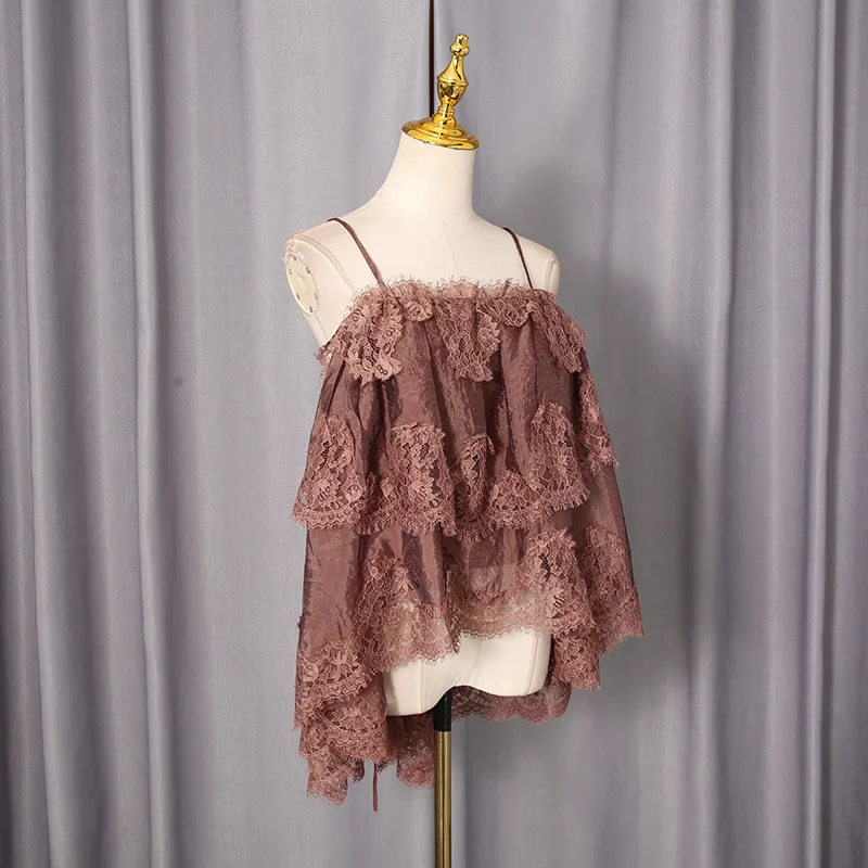 Sexy Sheer Spliced Lace Loose Design Shirt Floral Print Square Neck Sleeveless Backless Elegant Casual Shirt For Spring 2026