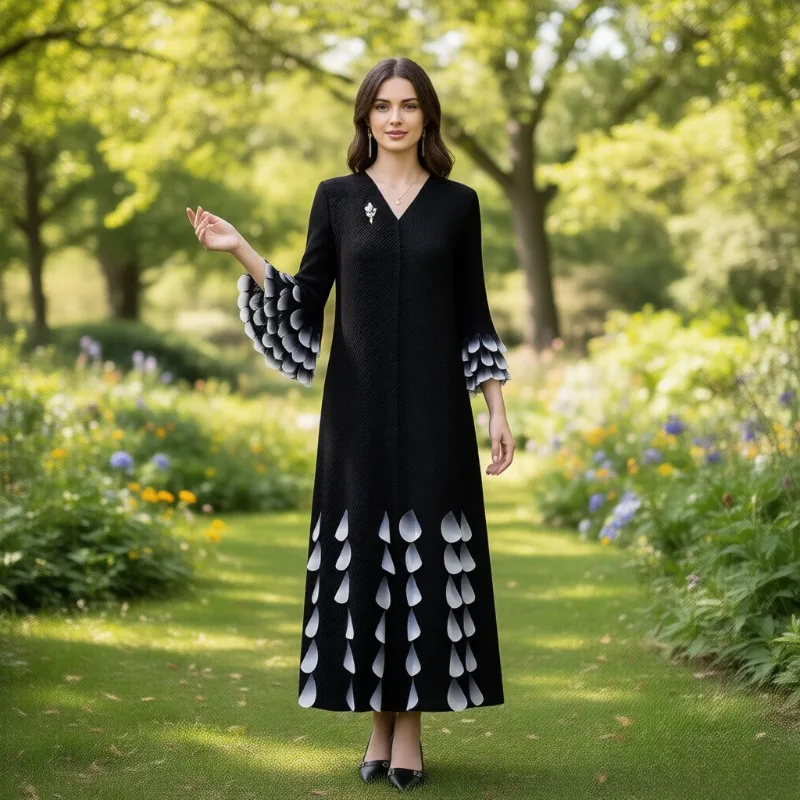 

Плиссированное платье с градиентным цветным лепестком Miyake, новое свободное модное эластичное длинное платье с расклешенными рукавами, женская одежда больших размеров на Ближнем Востоке