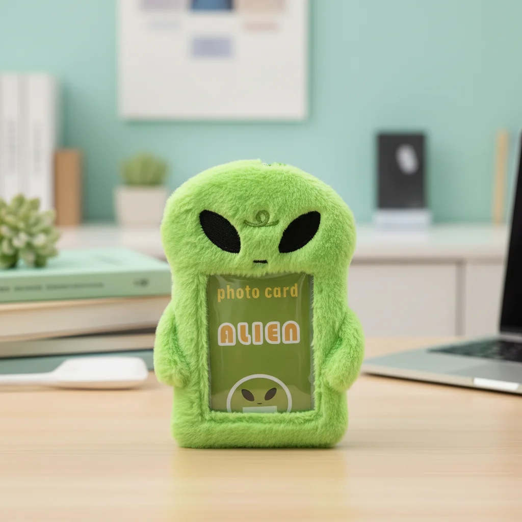 School Bus Card Plush Cartoon Holder Students Fluffy Alien Shape ID Case with Lanyard Cute Animal Badge Photo Protection Pendant view 5