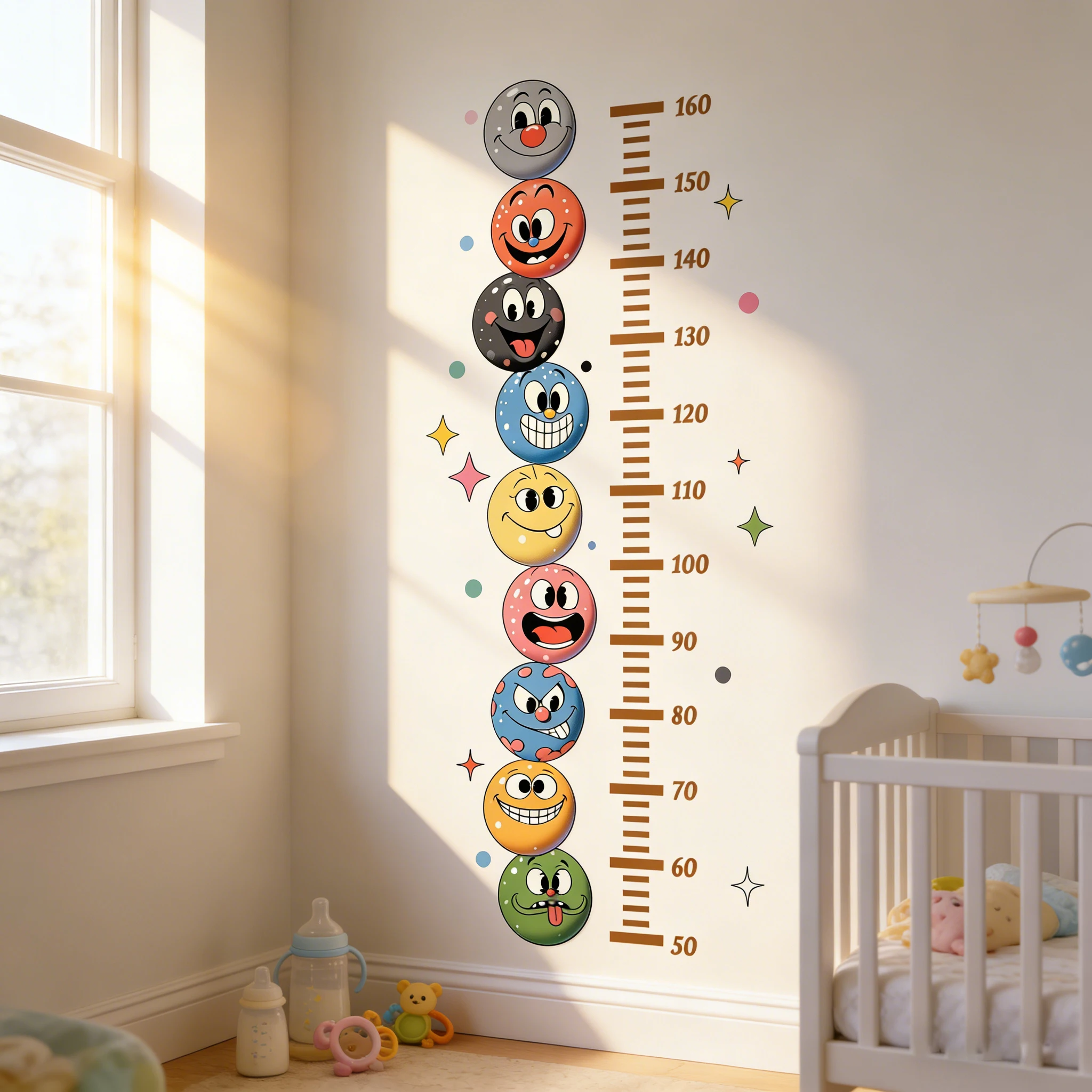 Cute Cartoon Ball Emoji Height Chart Wall Stickers Colorful Smiley Balls Star Dots Growth Ruler Wall Decals Removable Kids Nurse