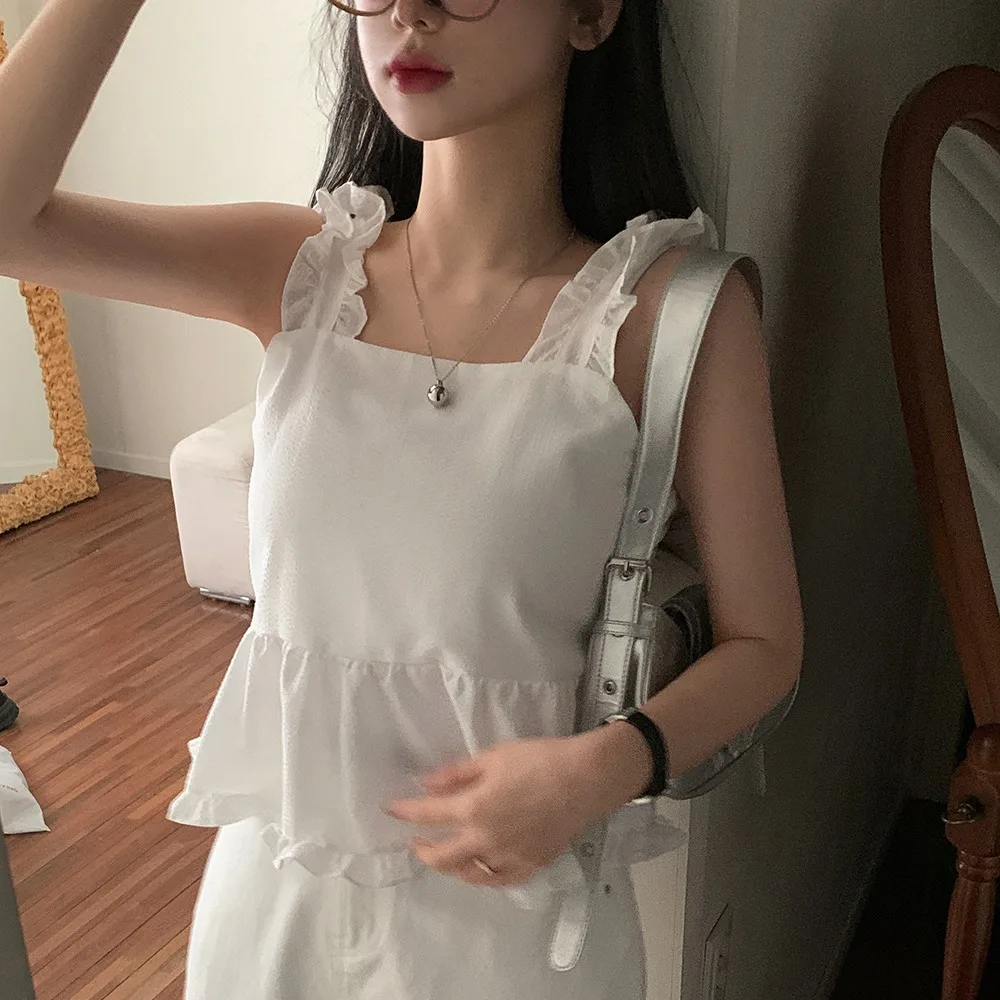 Fashionable Thin Plaid Striped Loose Women's Vest Summer 2026 Korean Style Front Back Wear Lace Trim Belted Casual Top