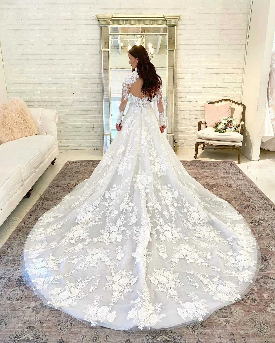 Custom 2025 Women's Elegant A-Line Long Sleeve High Collar Lace Embellished Long Tailed Wedding Dress