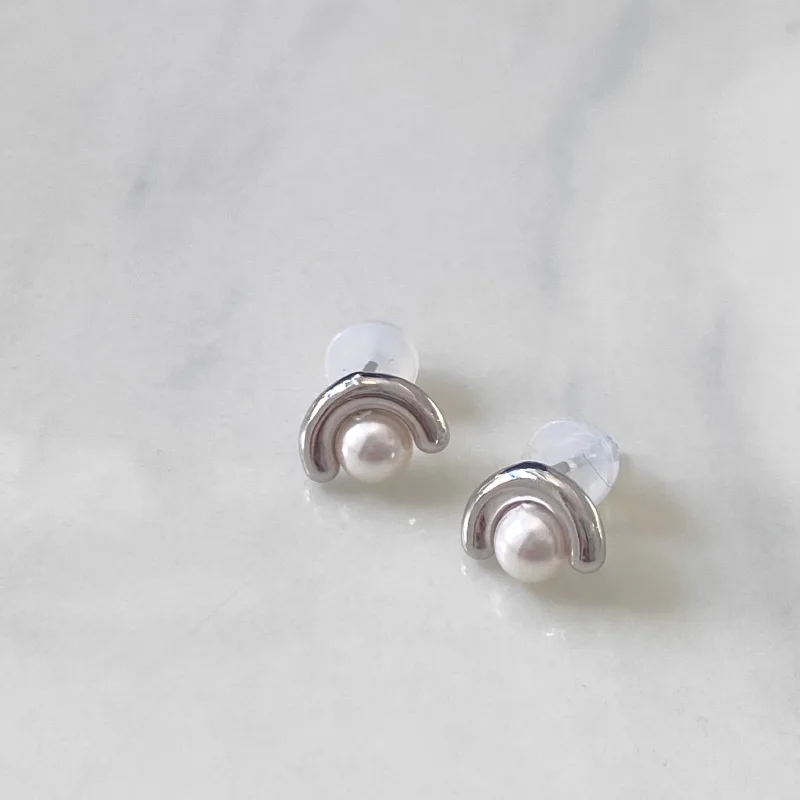 New 925 Sterling Silver Stud Earrings Pearl Semi Circle Small Punk Geometric For Women Girl Gift Jewelry Dropshipping Wholesale