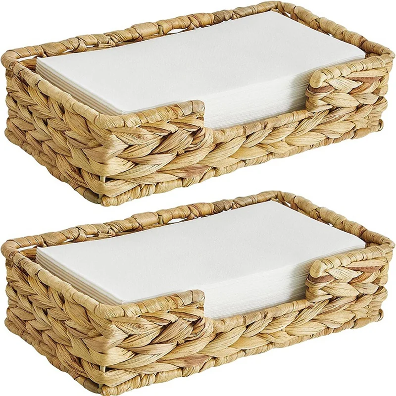 LUDA 2PCS Bathroom Disposable Guest Towel Holder Long Seagrass Woven Rattan Wicker Table Hand Guest Towel Basket Tray