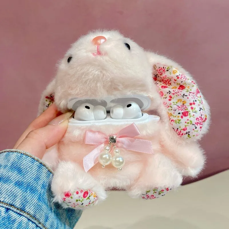 Cute 3D Fluffy Bunny Case for Airpods 4 3 2 1 Pro 2 Pro 3 Soft Plush Cover with Floral Ears & Pearl Bow Shockproof Kawaii Gift view 3