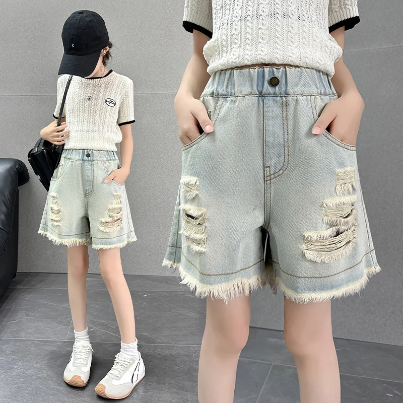 Korean Style Kids Child Gothic y2k Ripped Denim Shorts With Hole For Girls Casual Broken Jeans Capris Shorts with Raw Hem 5-14 Y