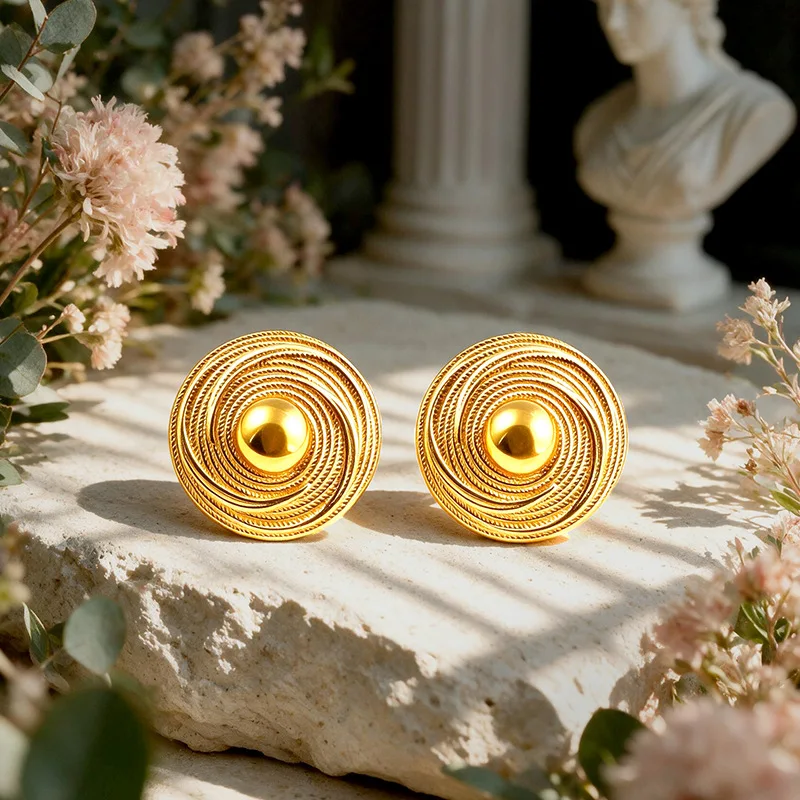 Women's Luxury 9999 24K Real Gold Versatile Circle Braided Pattern Earrings Fashion Light Personalized Earrings