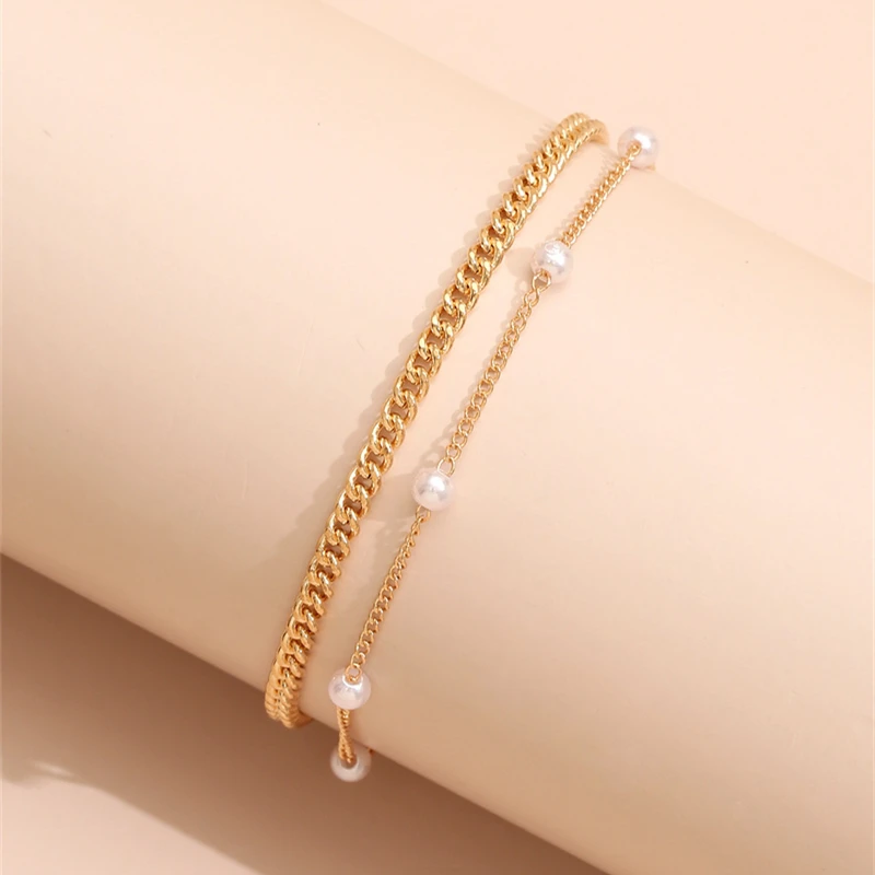 Boho Double Layers Pearl Anklets For Women Gold Color Metal Ankle Bracelet Foot Jewelry Summer Beach Ankle Chain Accessories