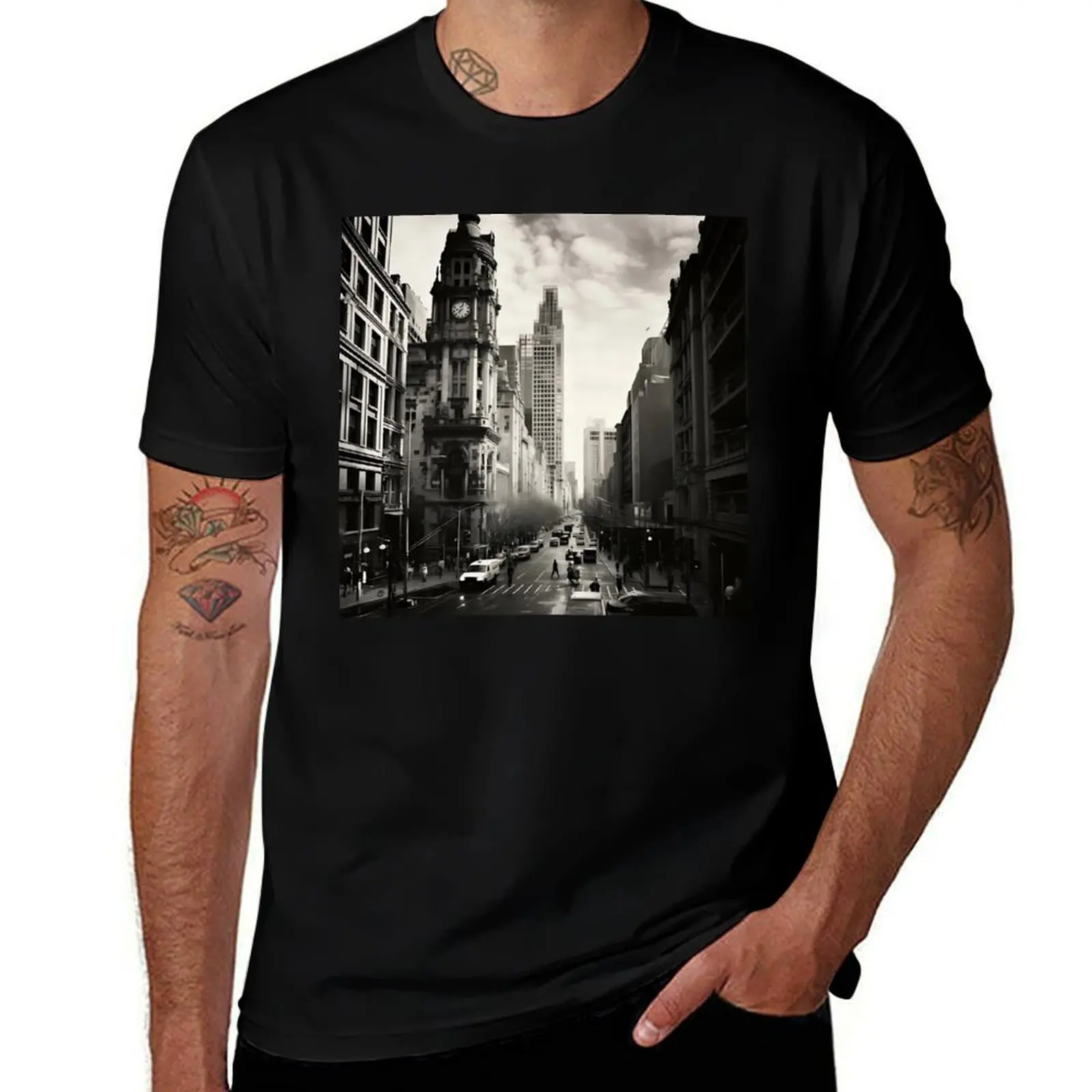 

Striking black and white cityscape – bold analog charm. T-Shirt luxury designer graphic tee shirt man clothes Men's t-shirts