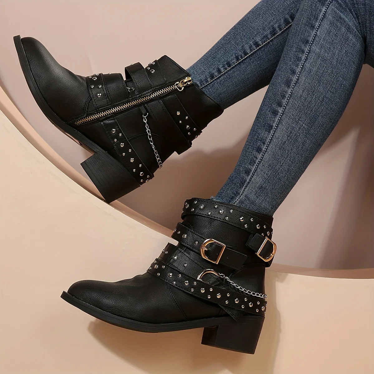 Women Studded Chain Decor Ankle Boots Rock Style Chunky Low Heeled Booties Side Zipper Short Boots