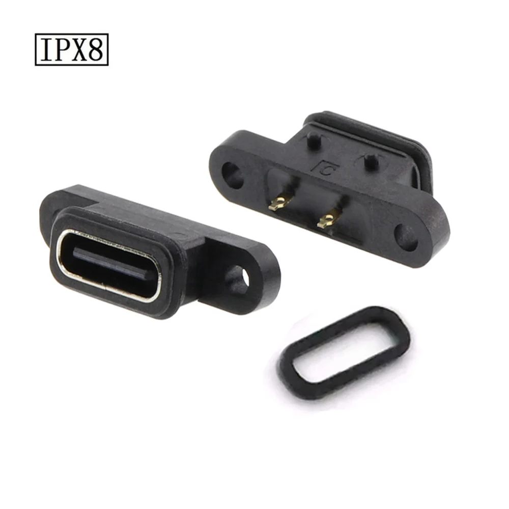 

​2 Pin IPX8 Female USB Type-C Socket Port Waterproof with Screw Hole Fast Charge Interface 180 Degree Solderless Connector 1pcs