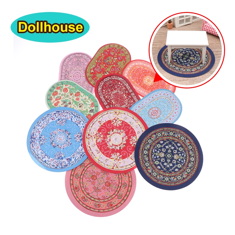 1:12 Dollhouse Miniature Round Floor Rug Cover Oval Carpet Floor Mat Model Bedroom Living Room Decor Toy Doll House Accessories