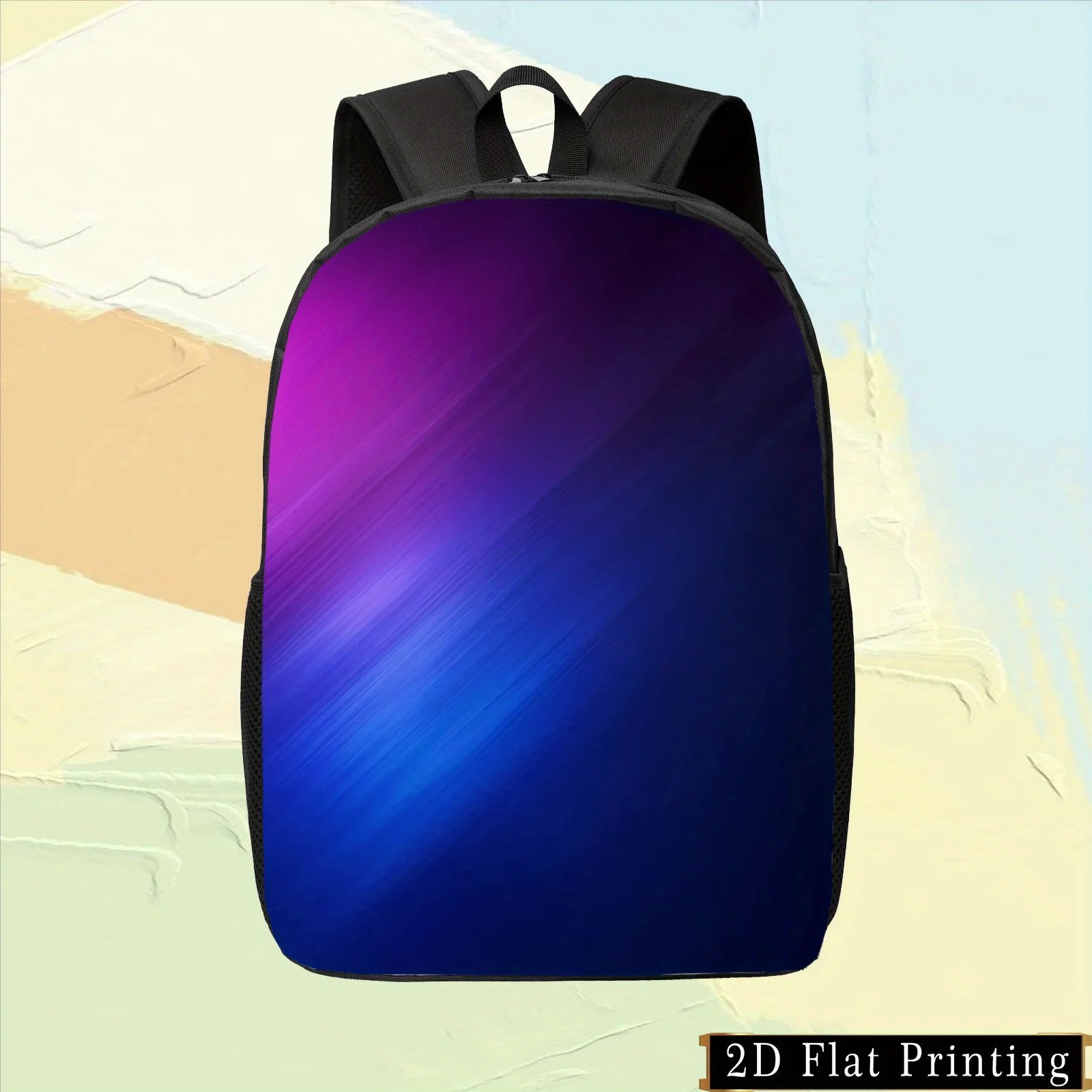 

1 colorful single-sided printed student backpack, purple gradual change pattern with unique hand-washed zipper design.