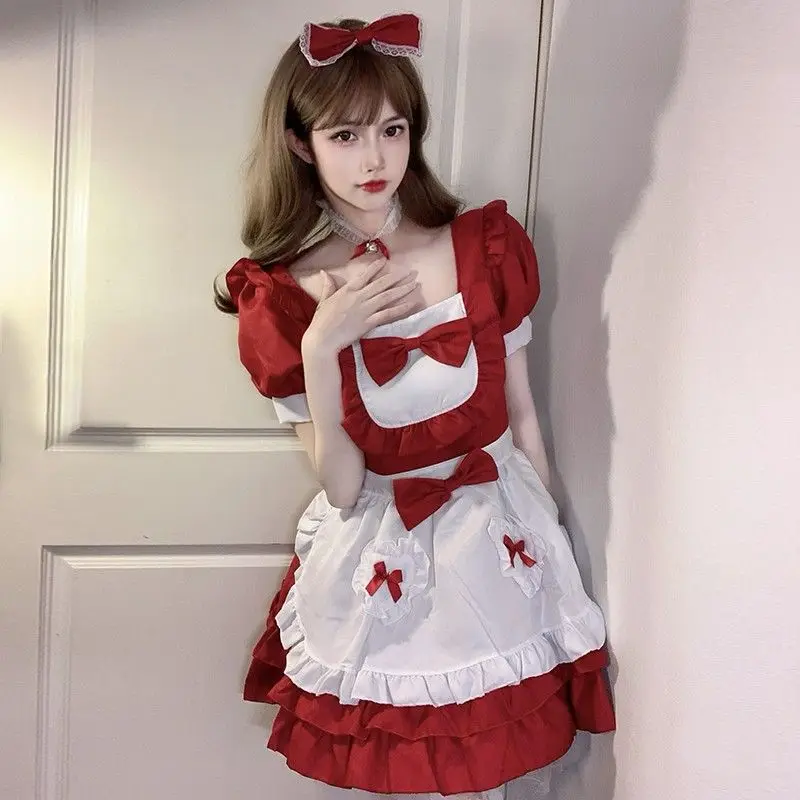 Christmas Red Trend Sexy Cosplay Dresses Women Clothing Sweet Patchwork Square Collar Short Sleeve Princess Dress Autumn Dress