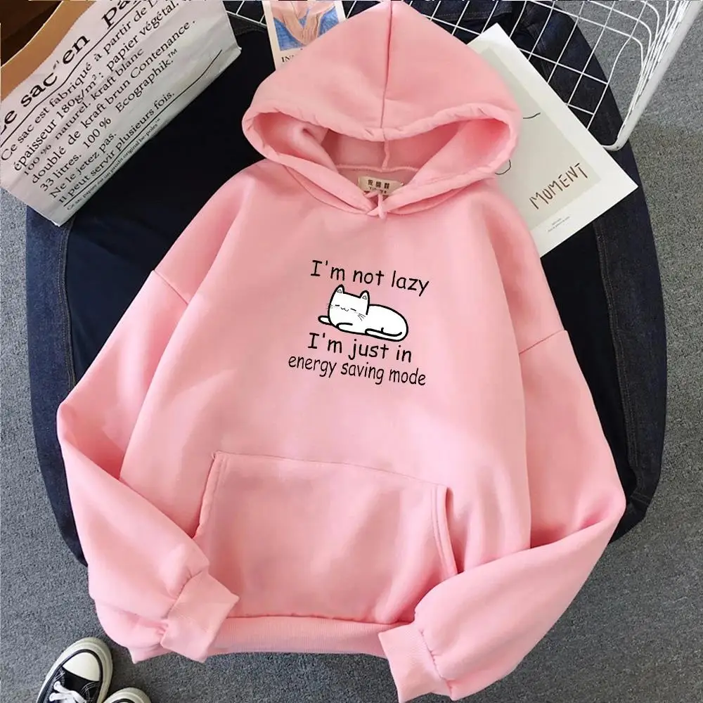 The new humorous streetwear Harajuku sweatshirt features a cute cartoon cat graphic and lazy style lettered hoodie