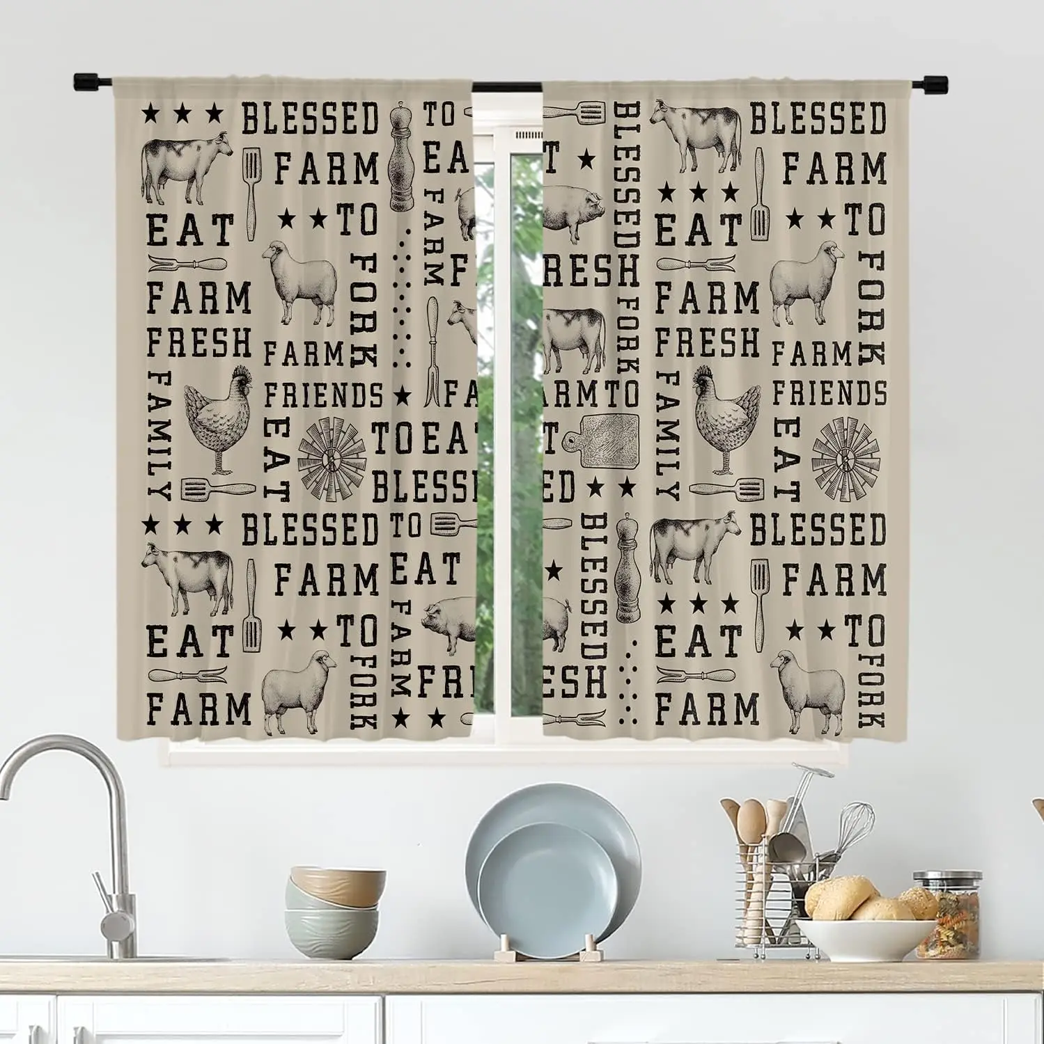 Farmhouse Kitchen Curtains, Grey Country Rod Pocket Drapes with Farm Animal Chicken Cow Pig, Vintage Window Panels