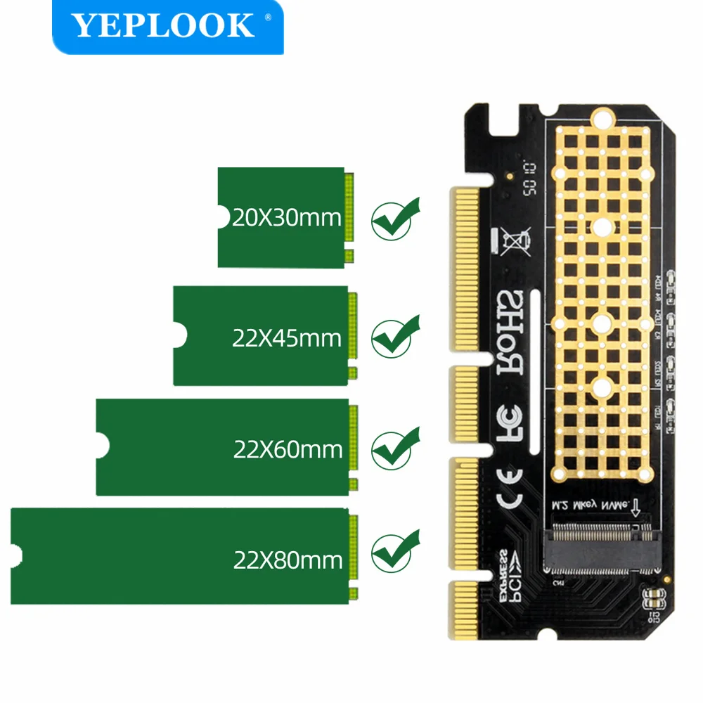 M Key Riser Adapter com indicador LED, M.2 NVMe NGFF para PCIe X16 X8 X4, 6000 Mbps de velocidade total Não para B Key SATA, driver livre