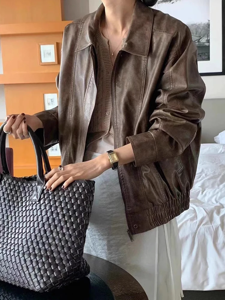جاكيت نسائي من الجلد الصناعي بتصميم عتيق أنيق، فضفاض مع ياقة، ملابس خارجية قصيرة بأكمام طويلة وإغلاق بسحاب