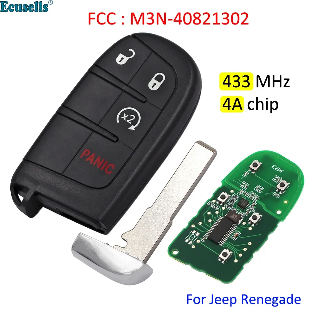 

4 Button Smart Prox Remote Key Fob 433MHz 4A Chip for Jeep Renegade 2015 2016 2017 2018 2019 2020 2021 FCC : M3N-40821302