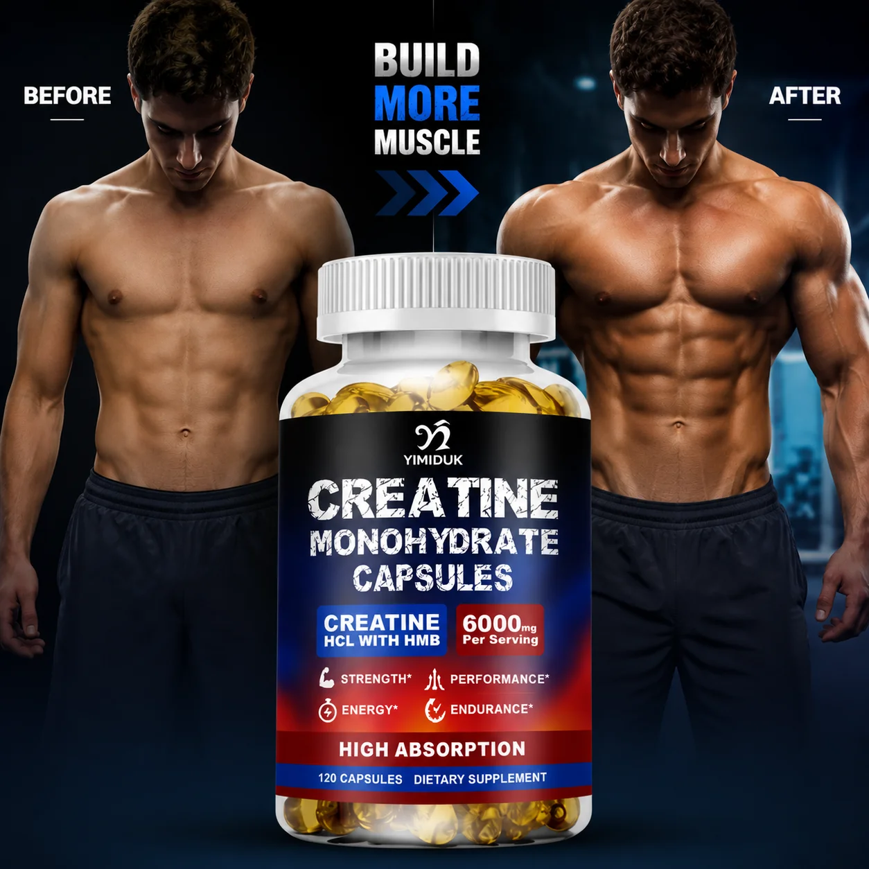 Creatine Monohydrate Supplement with HMB, Support Muscle Recovery, Boost Cellular Energy, Endurance, Muscle Fatigue, Performance
