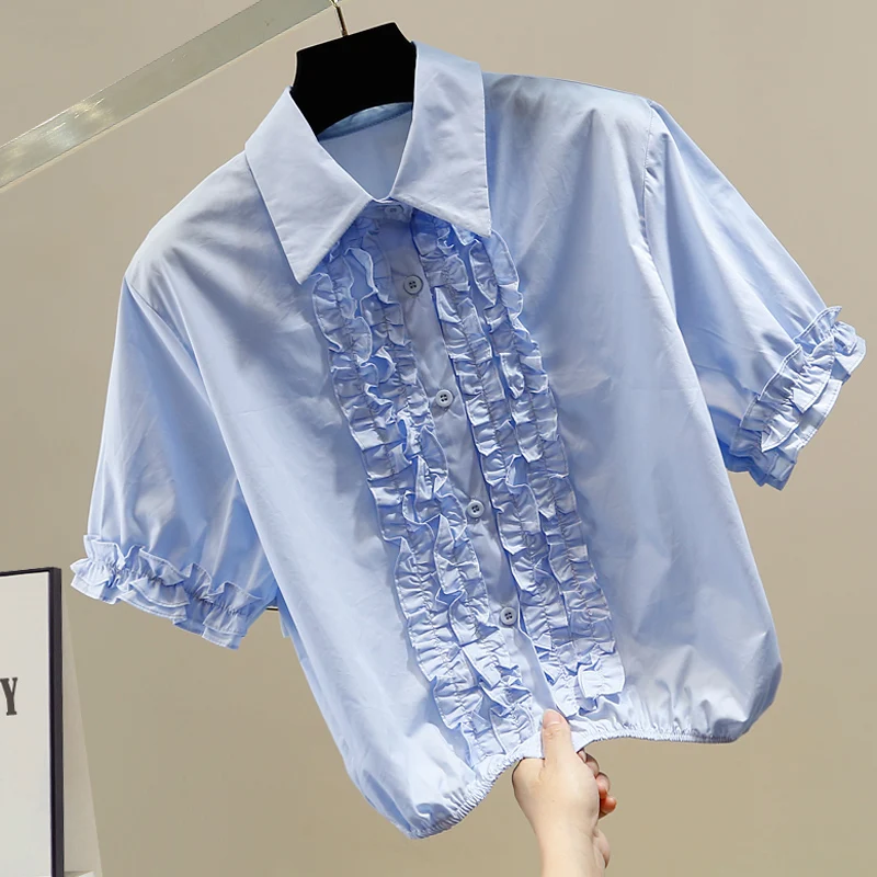 

Faionable Pleated Sweet Earlet Ruffle Splice Turn-down Collar Single Button ort Sve irt Women Sli Versatile Yout...