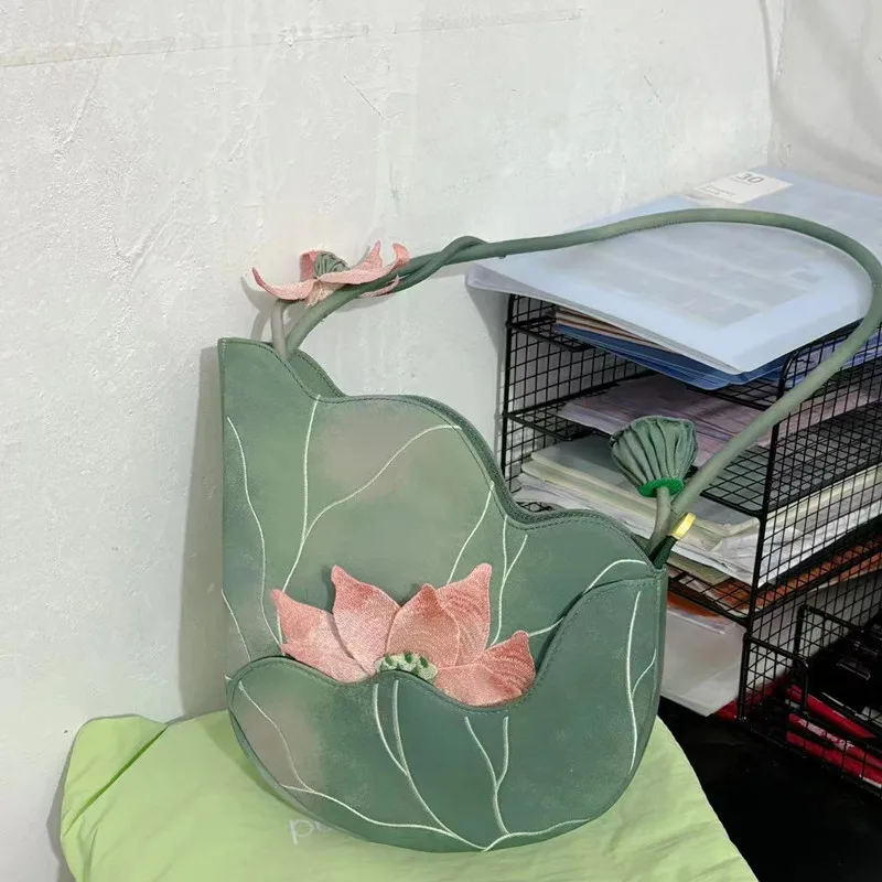 New Chinese Style Bags for Woman Lotus Embroidery Crossbady Bag Underarm Shoulder Sac Femme Irregular Bolso Bolsos De Mujer