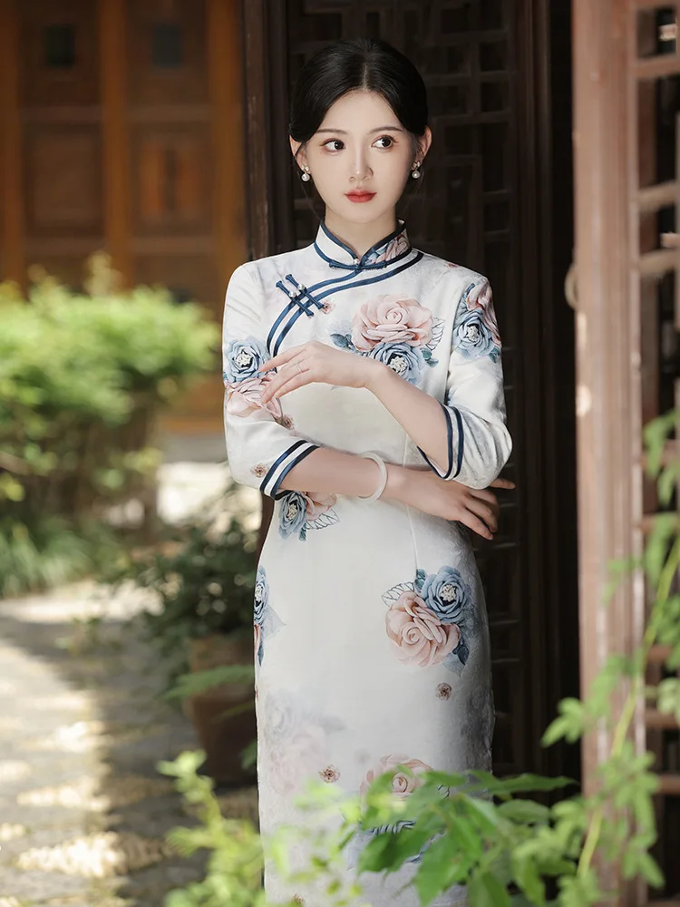 Elegant Sexy Seven Points Sleeve Printed Satin Long Cheongsam Chinese Style Qipao Retro Daily Party Dress