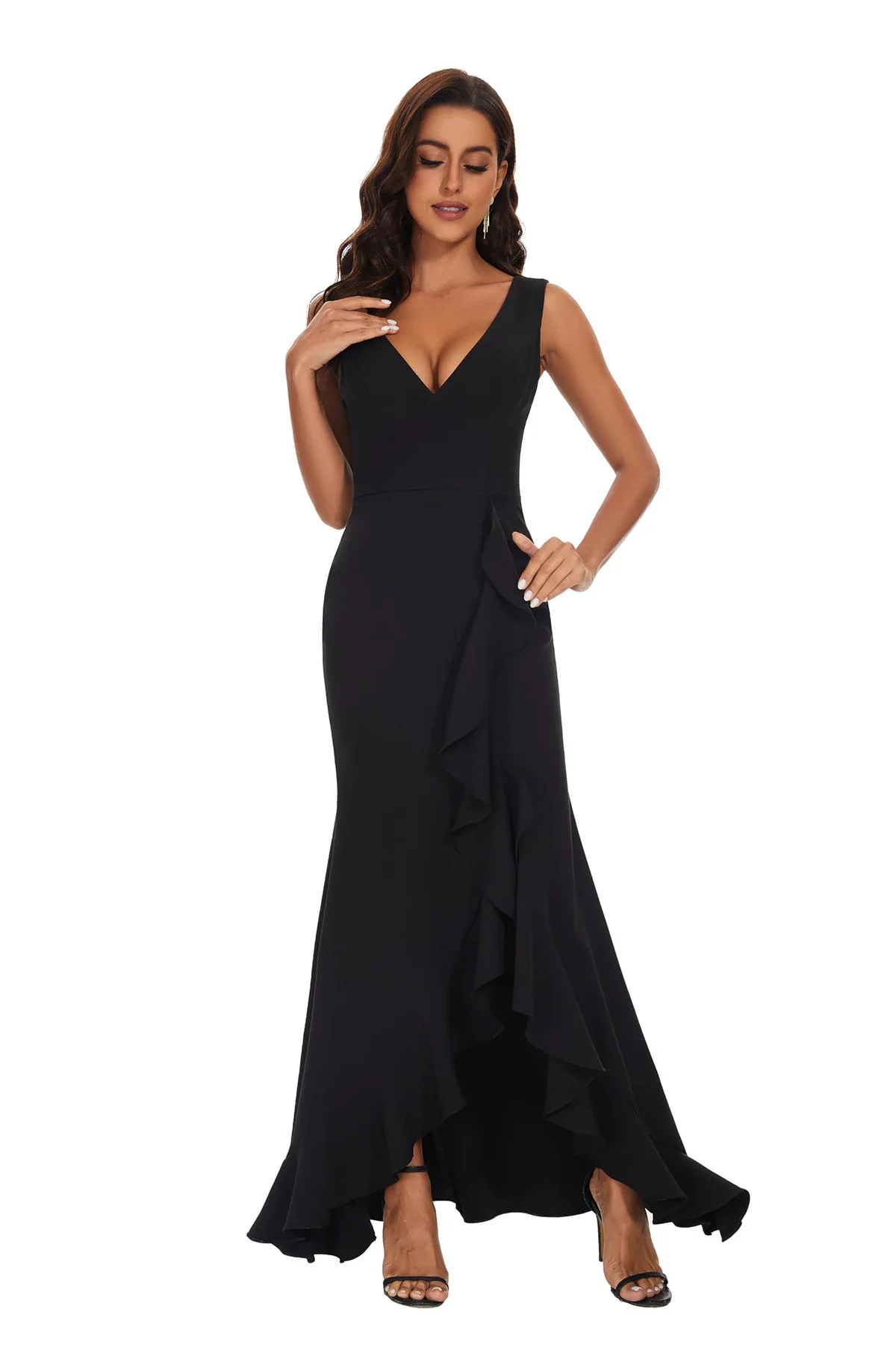 Elegant Black Cocktail Gowns V Neck Chiffon Floor-Length Dresses Sleeveless Ruffle  Formal Evening Dresses for Women