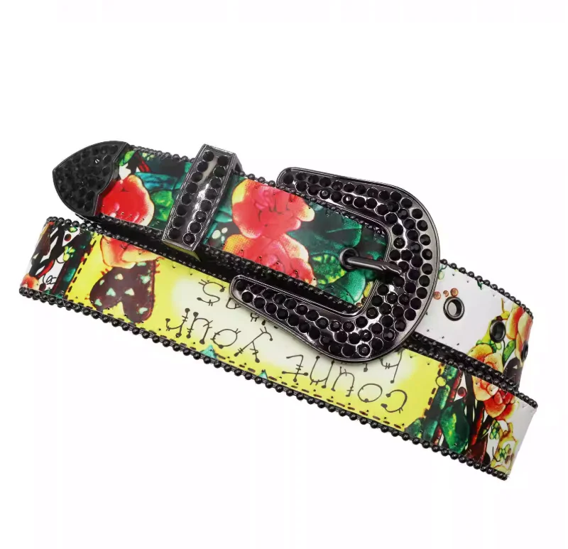 

Retro Printed Gothic Dark Punk Top Cowhide Rhinestone American Style Belt