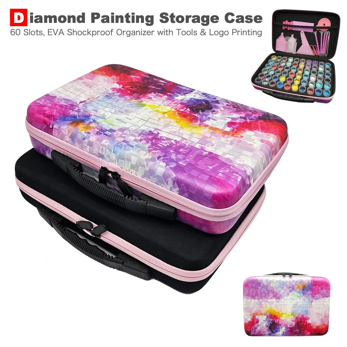 

44/60 Slots Diamond Painting Organizer Storage Containers UV Printed Pink Waterproof Shockproof Travel Organizer Bag W/ Sticker