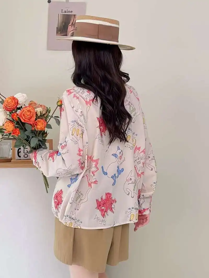 New Autumn Cotton Long Sleeve Shirts, Women Lapel Cartoon Cat Tops, Mori Girl Loose Sweet Casual Blouses, 2024 Winter T48689QC