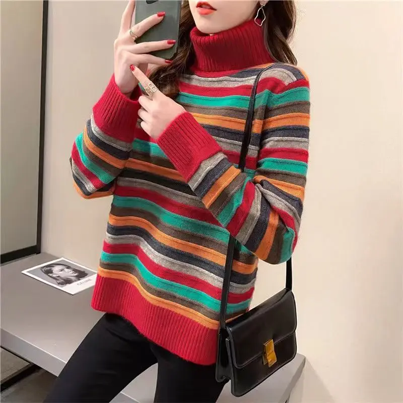 Women's Autumn Winter Fashion High Neck Pullover Rainbow Stripe Casual Versatile Long Sleeve Loose Medium Length Sweater Tops