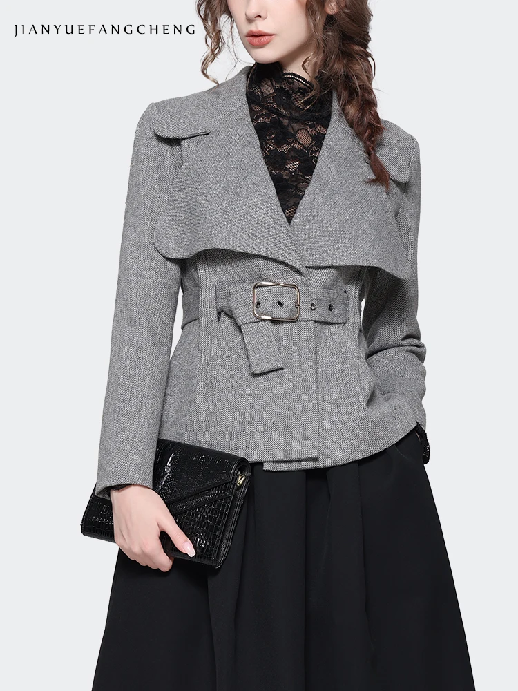 Fashion Big Suit Collar Women\'s Grey Woolen Blazer With Belt Elegant Slim Autumn Winter Female Jacket Coat Casual Working Tops