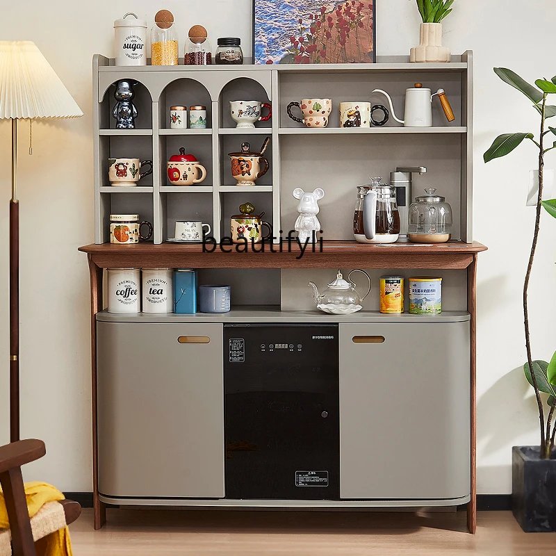 

High-end smart dining side cabinet integrated against the wall with tea bar machine, water dispenser rack storage locker