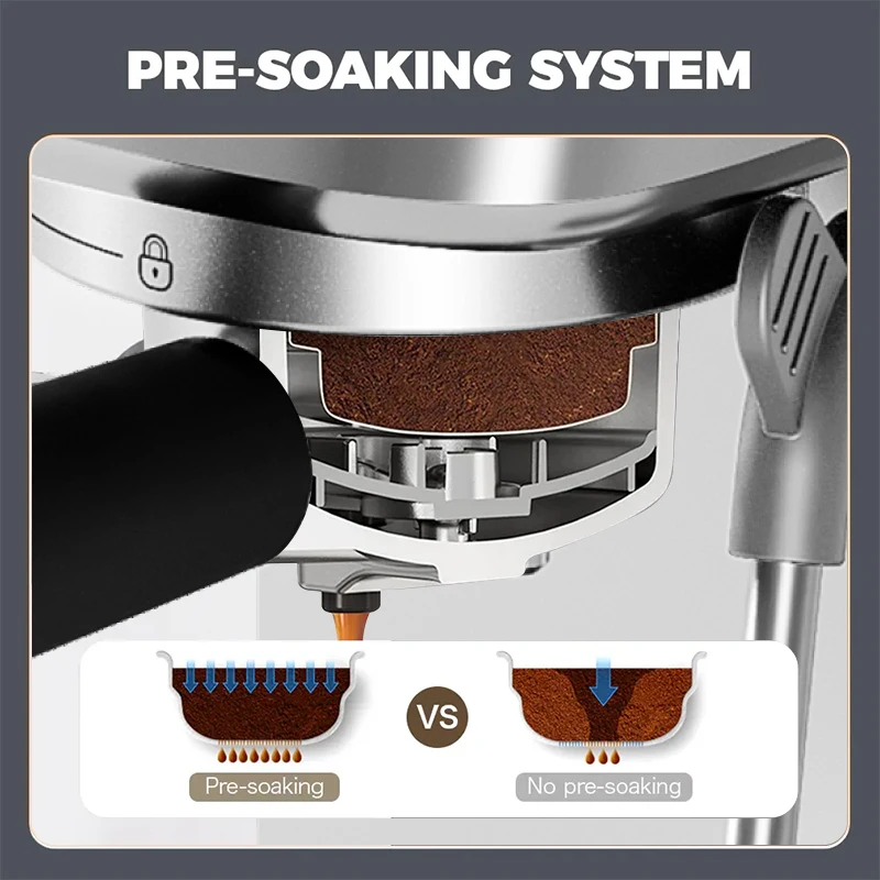 ماكينة اسبريسو نصف أوتوماتيكية - ماكينة صنع قهوة احترافية من الفولاذ المقاوم للصدأ (خزان مياه 1.2 لتر، ضغط 15 بار، فلتر بورتافلتر تجاري)