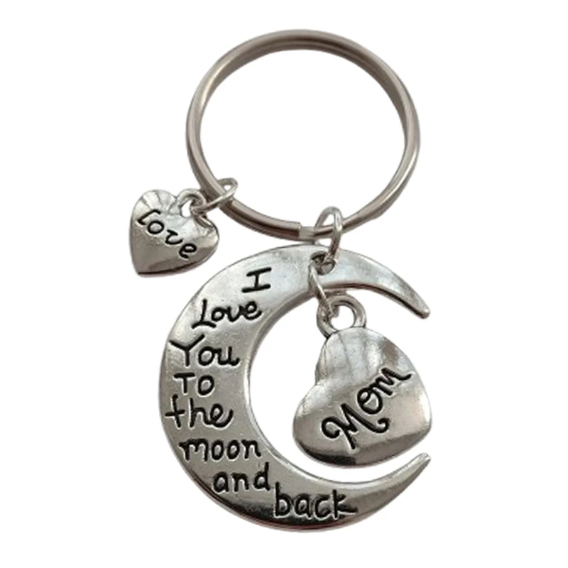 I Love You to the Moon and Back Mom Keychain Love Heart Pendant Engraved Keyring Memorial Key Chain for Mother, Original Jewelry