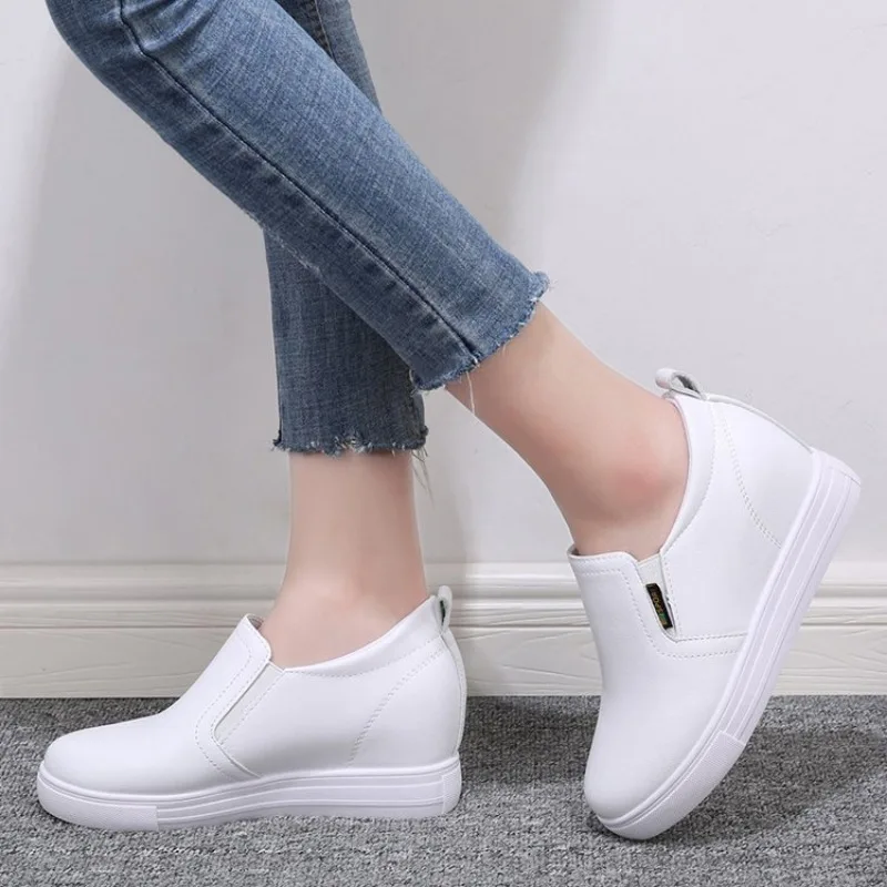 Women's Shoes with Inner Height Increase Sloping Heels Thick Soles Small White Shoe Versatile Casual Loafers Student Girls