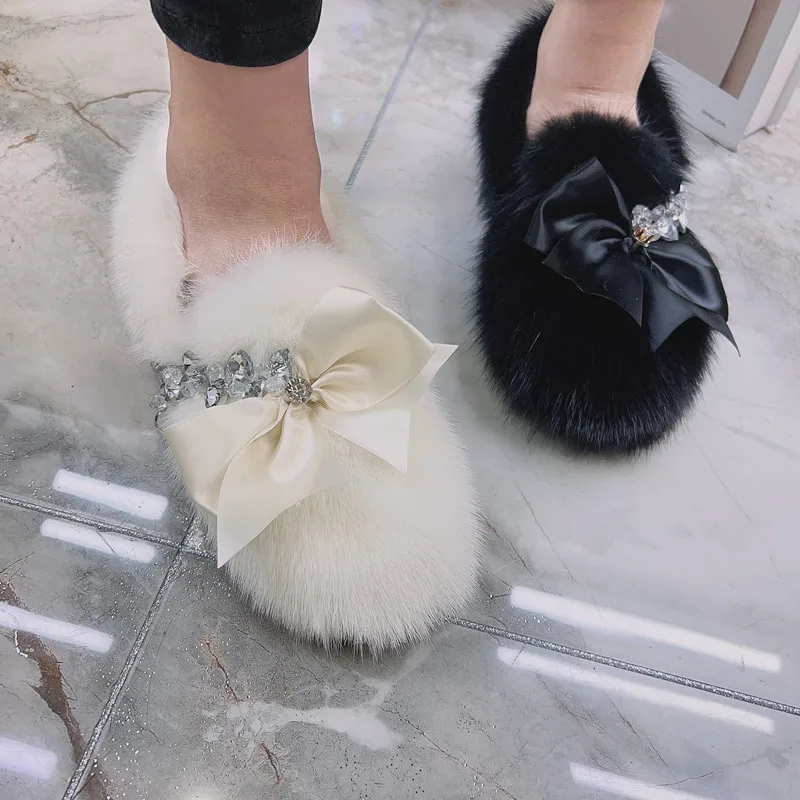 Cute Bowknot Women Flats Black Casual Moccasins Winter Warm Loafers Real Mink Fur Espadrilles Lady Slip-on Walking Smoking Shoes