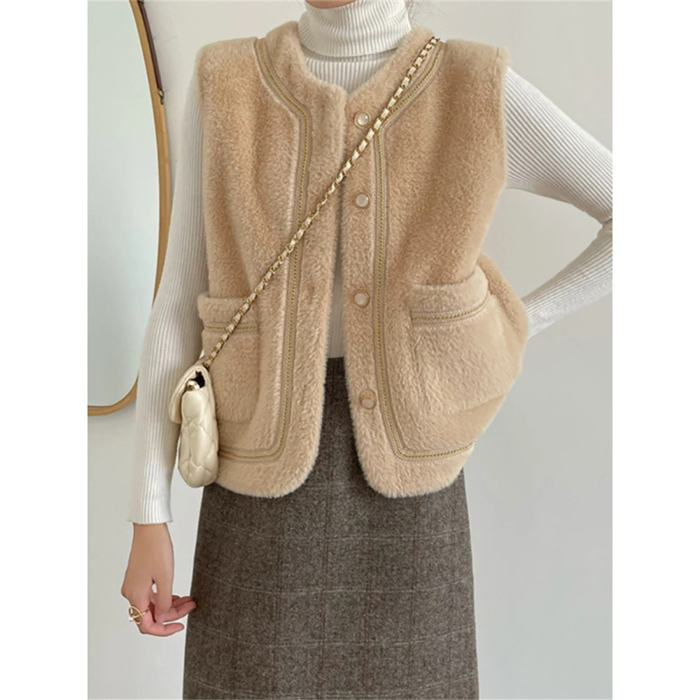 Autumn Winter All-match White Faux Fur Vest Ladies Elegant Sweet Sleeveless Cardigan Waistcoat Tops Coat Korean Trendy Outerwear