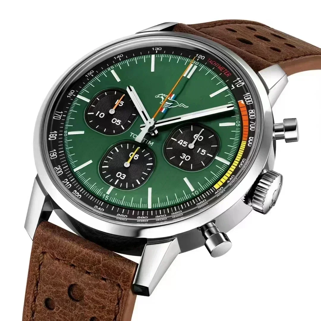 Montre chronographe à quartz de luxe pour homme, acier inoxydable, horloge supérieure, marron, cuir, saphir, vert, cadran rouge, nouveau, 2023