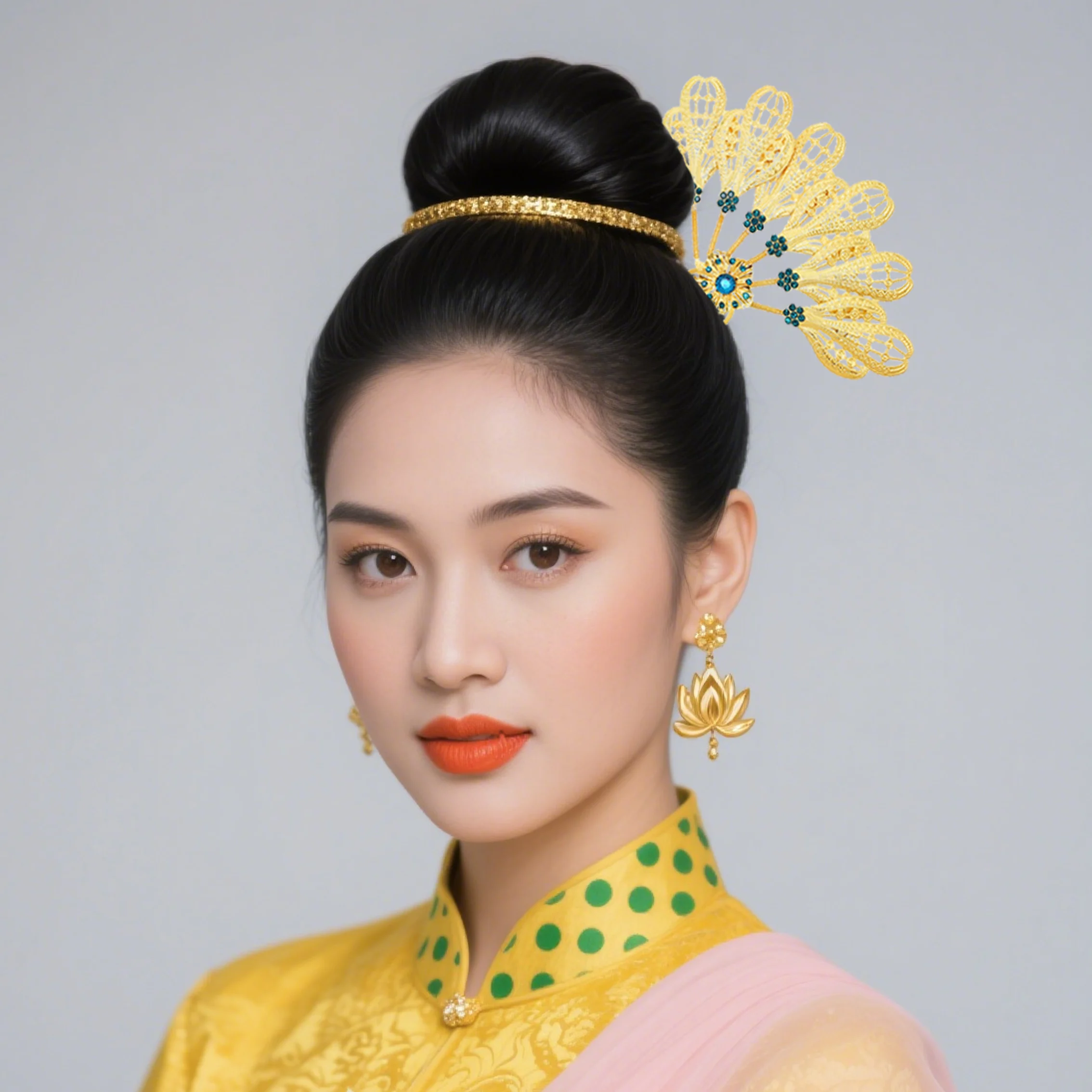 Thai Style Magnificent Ethnic Gemstone Flower Hairpin The Water-Sprinkling Festival Traditional Women Accessories Charm Jewelry